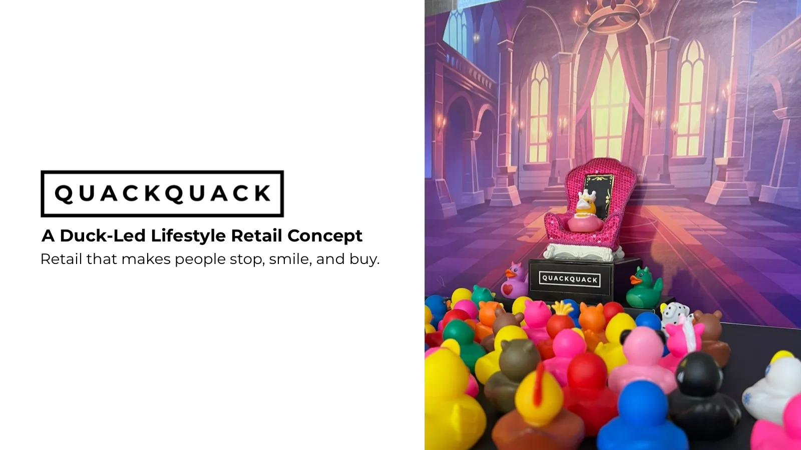 QUACKQUACK pitch deck cover: a duck-led lifestyle retail concept