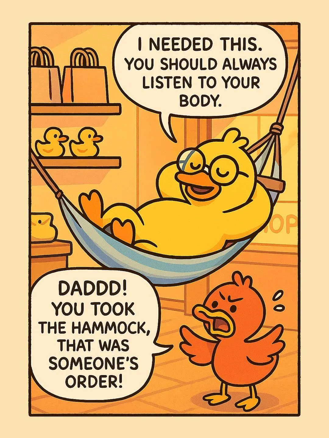 QUACKQUACK comic post selling a hammock