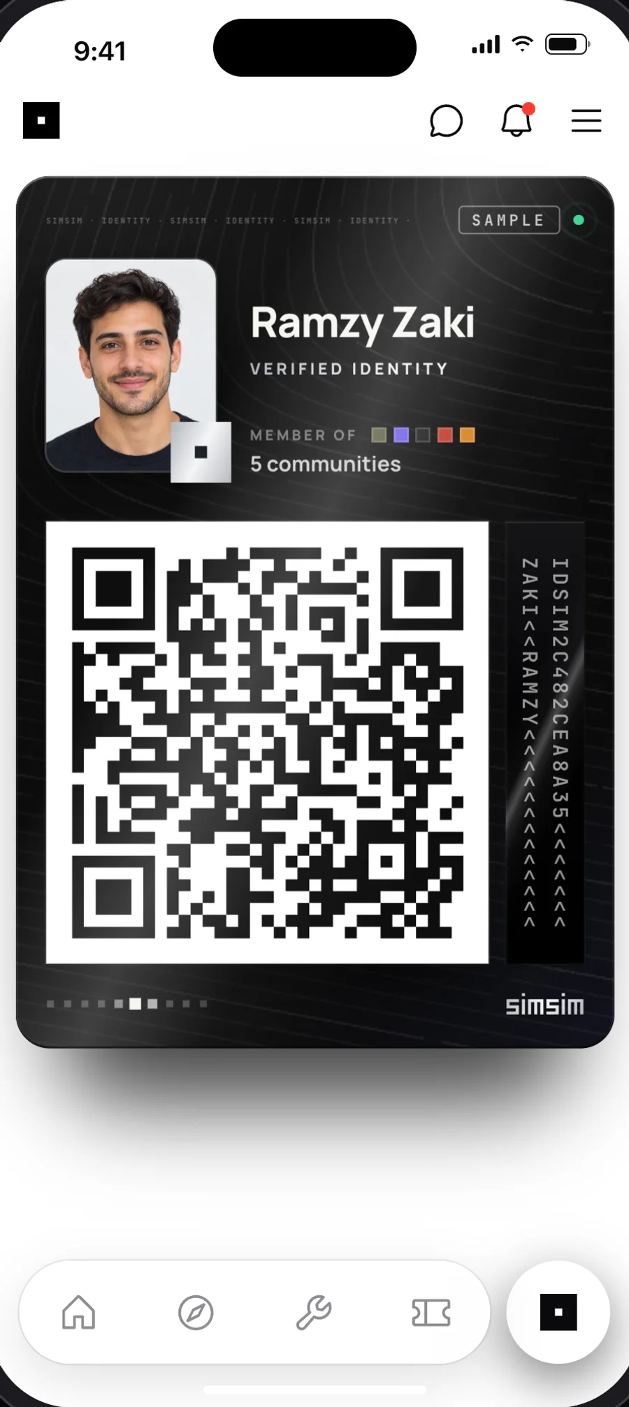 simsim ID: a resident’s verified identity card with a live QR code