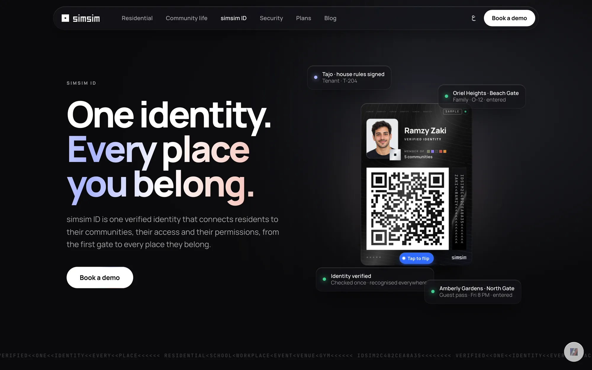 simsim ID page: one identity, every place you belong