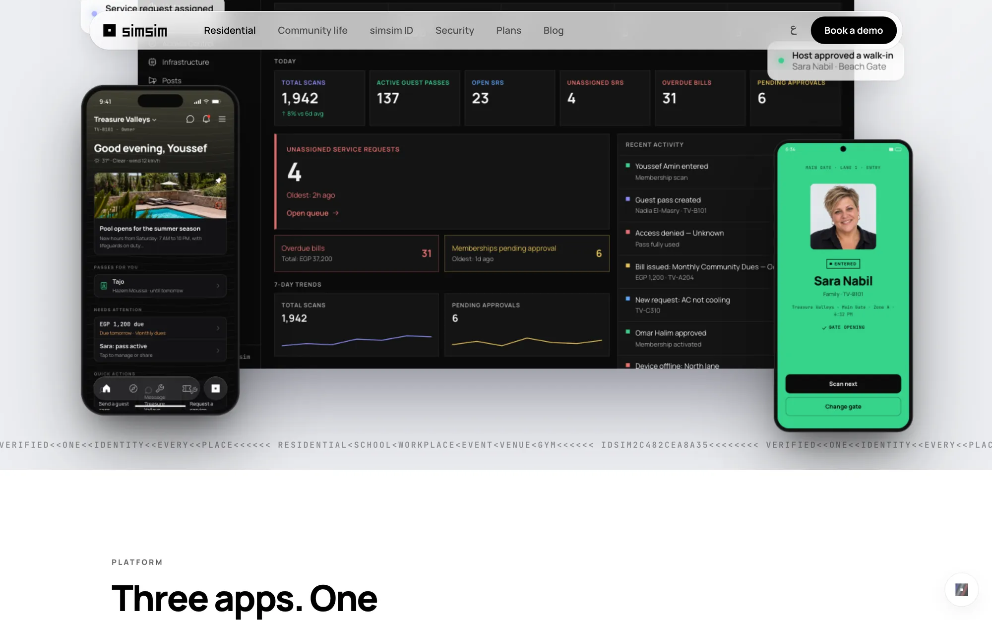 simsim residential page showing the dashboard, resident app and gate pass