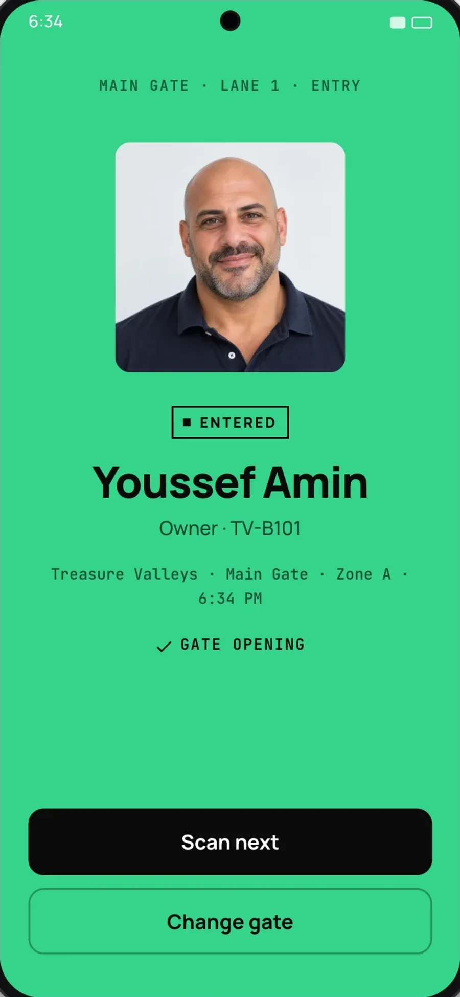 Gate scanner app confirming a resident’s entry