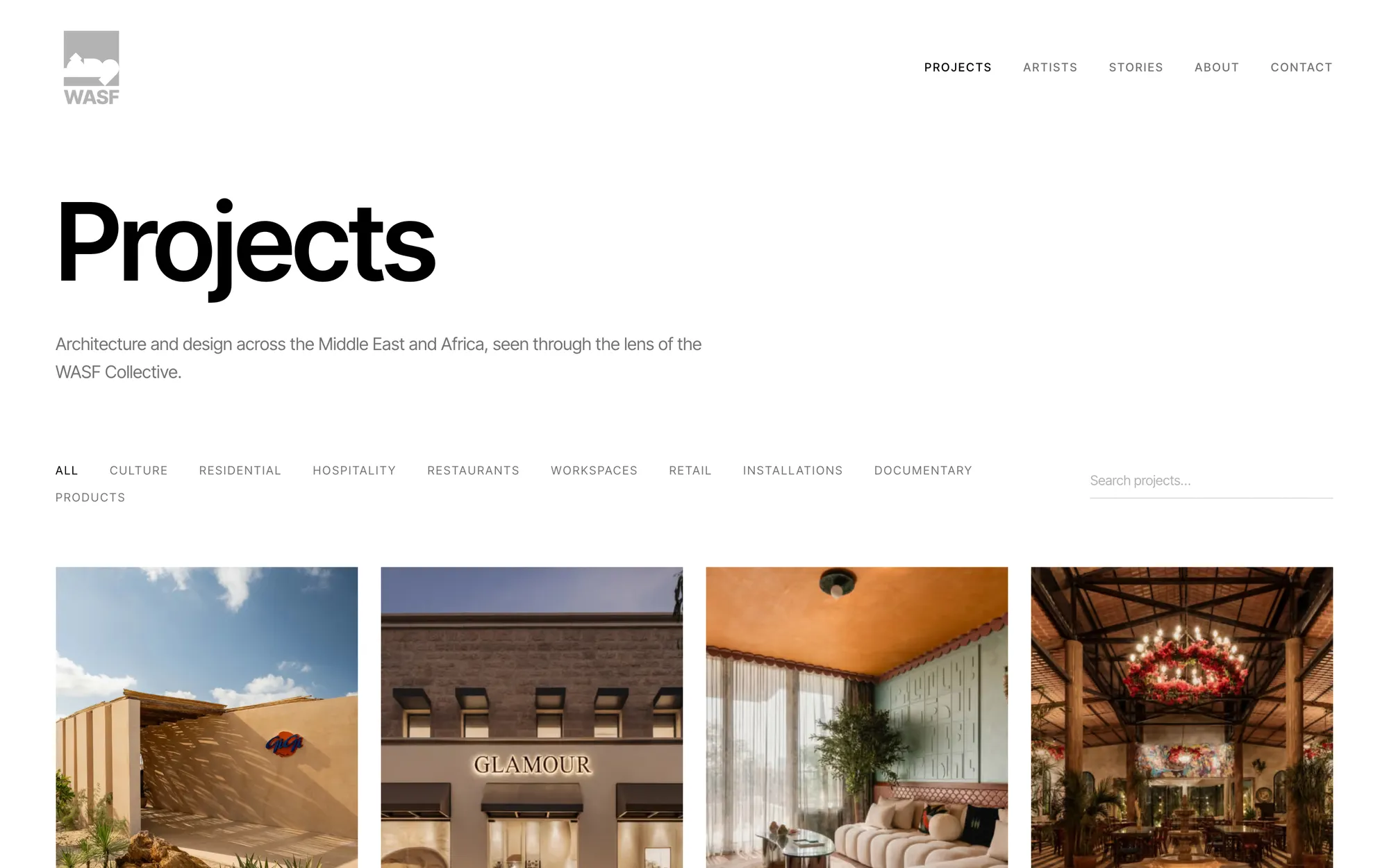 WASF projects page with category filters and search
